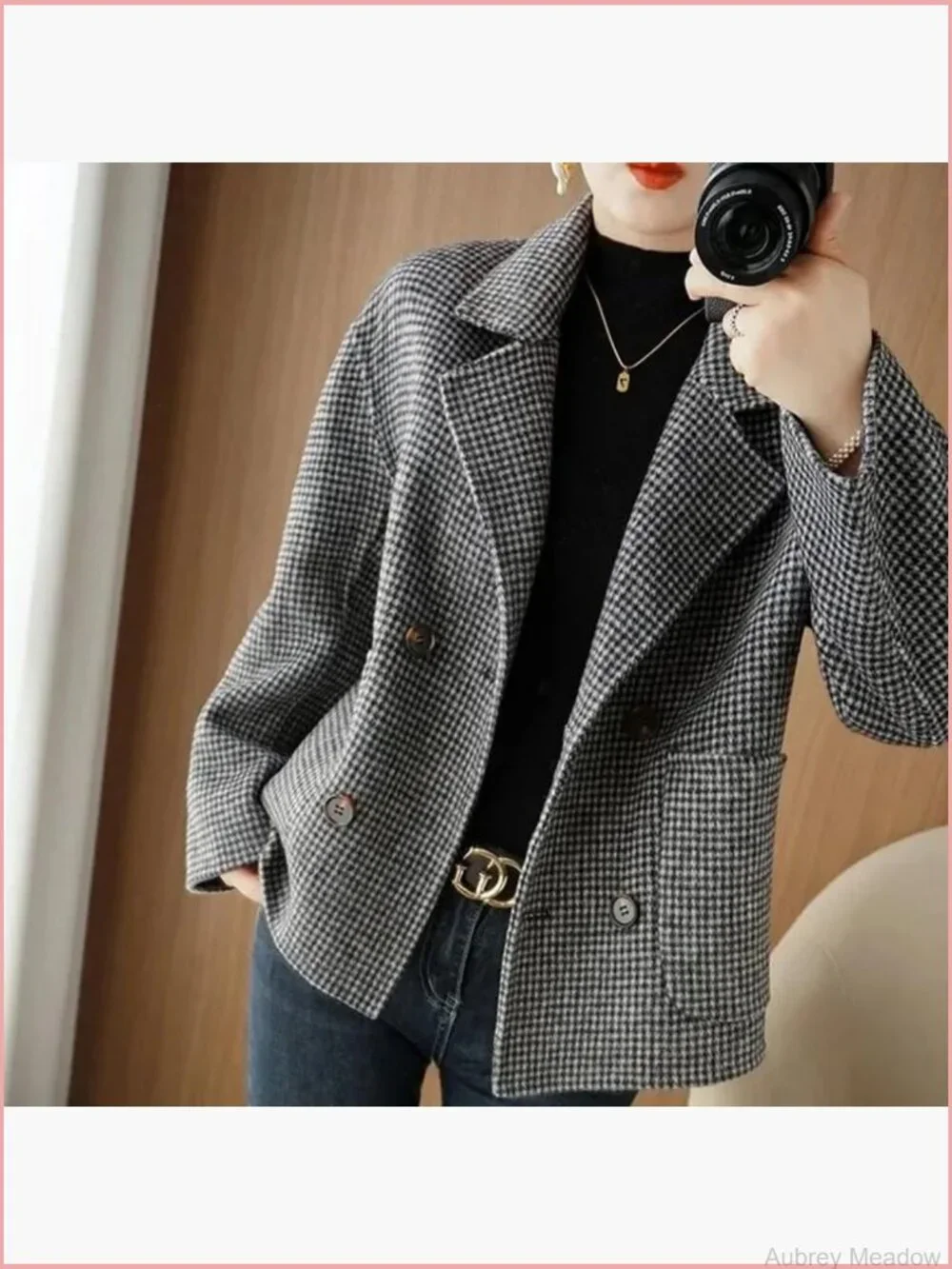 Cropped Wool Pea Coat Houndstooth Double Breasted Short Blazer Jacket